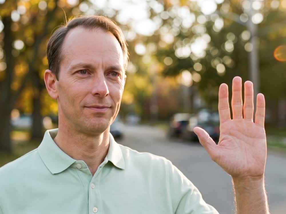 Dennis, mid-40s in a pale green polo, raising an open hand on a suburban street