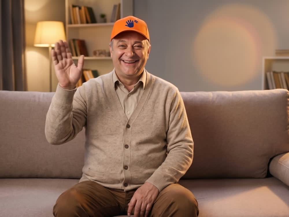 Leonard, in a high-visibility orange WAVERS cap, waving from his sofa and smiling